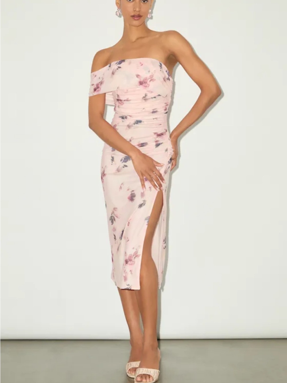 Lulus Jayleen Light Pink Floral Mesh One-Shoulder Midi Dress with side slit
